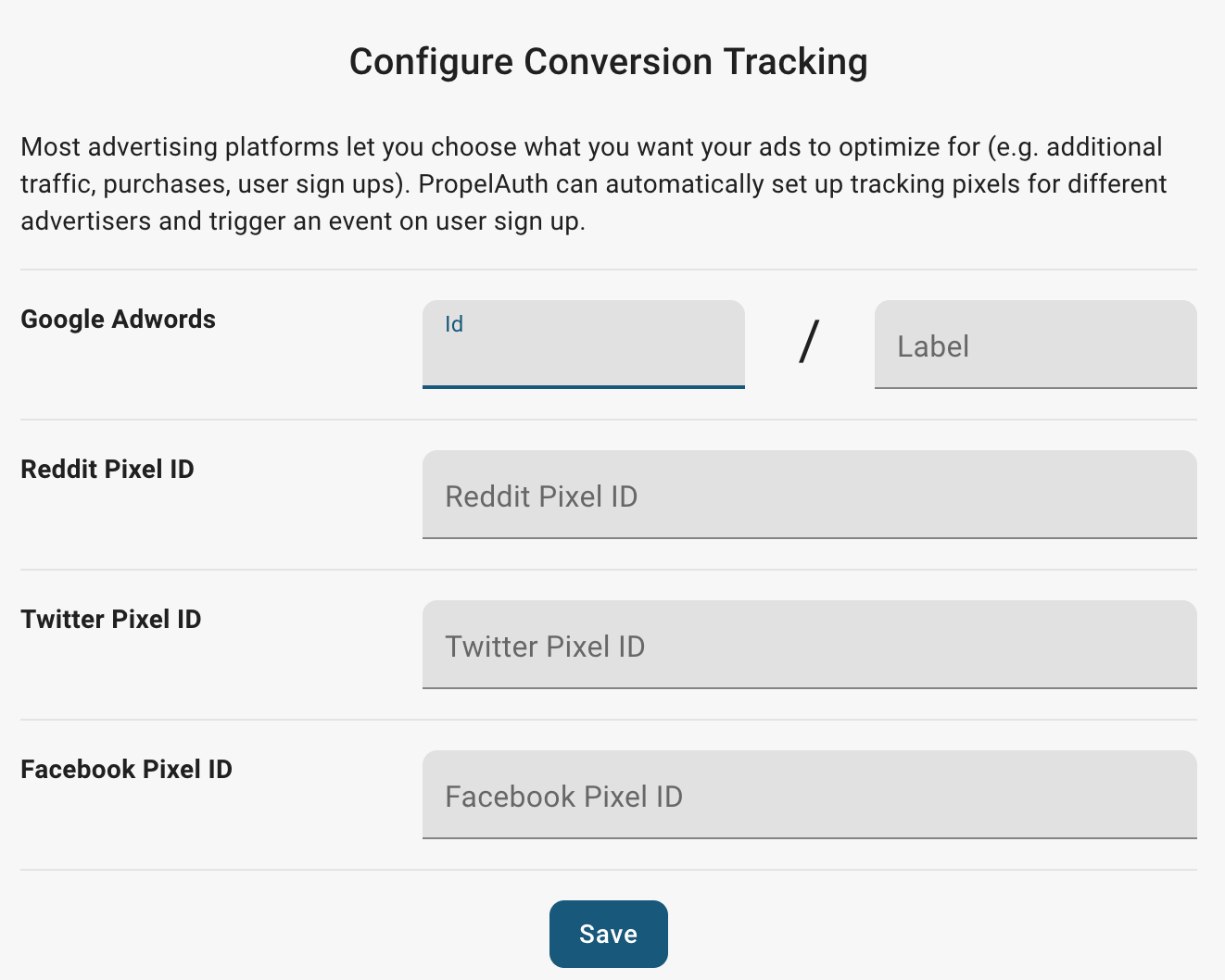 Screenshot of setting up conversion tracking